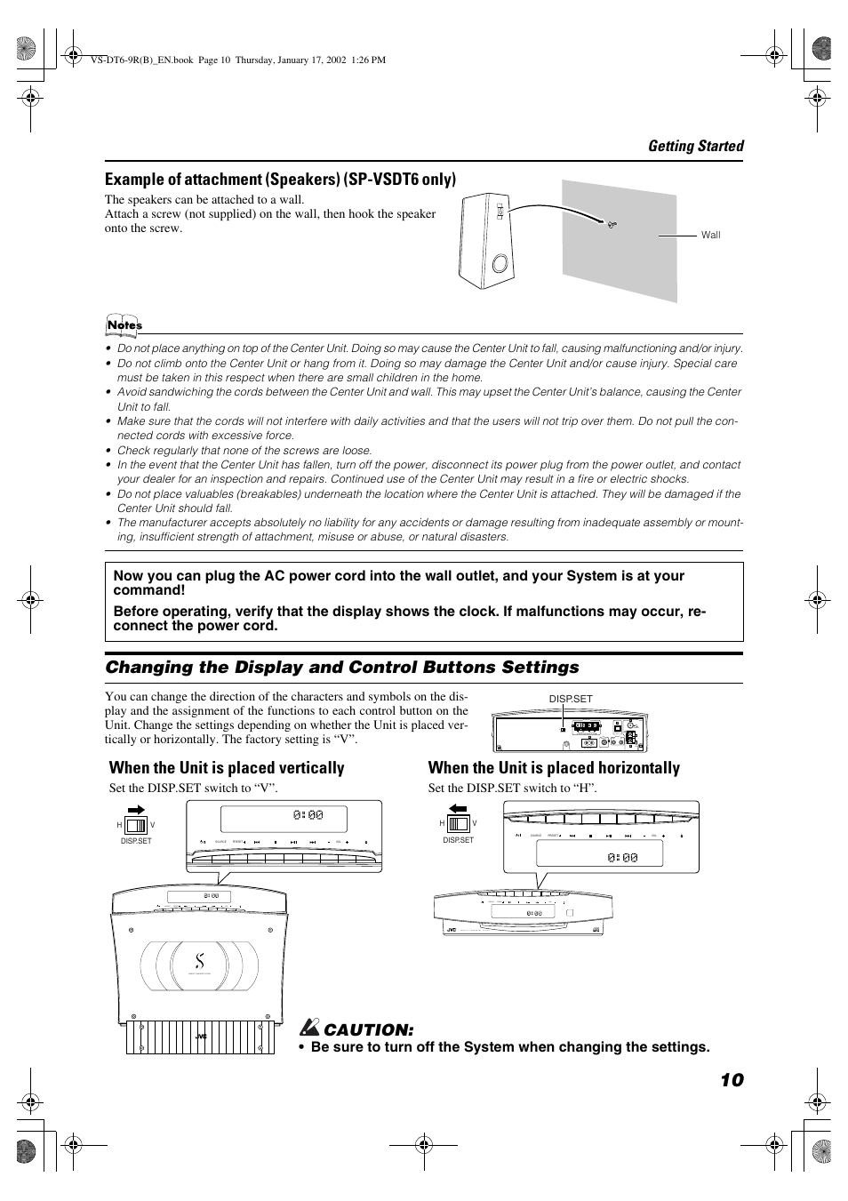 Changing the display and control buttons settings, Example of attachment (speakers) (sp-vsdt6 only), When the unit is placed vertically | When the unit is placed horizontally, Caution, Getting started | JVC CA-VSDT9R User Manual | Page 13 / 32