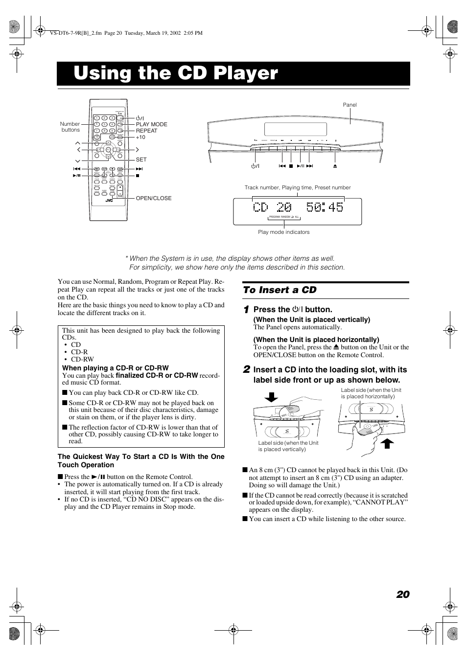 Using the cd player, Press the % button | JVC CA-VSDT9R User Manual | Page 23 / 32