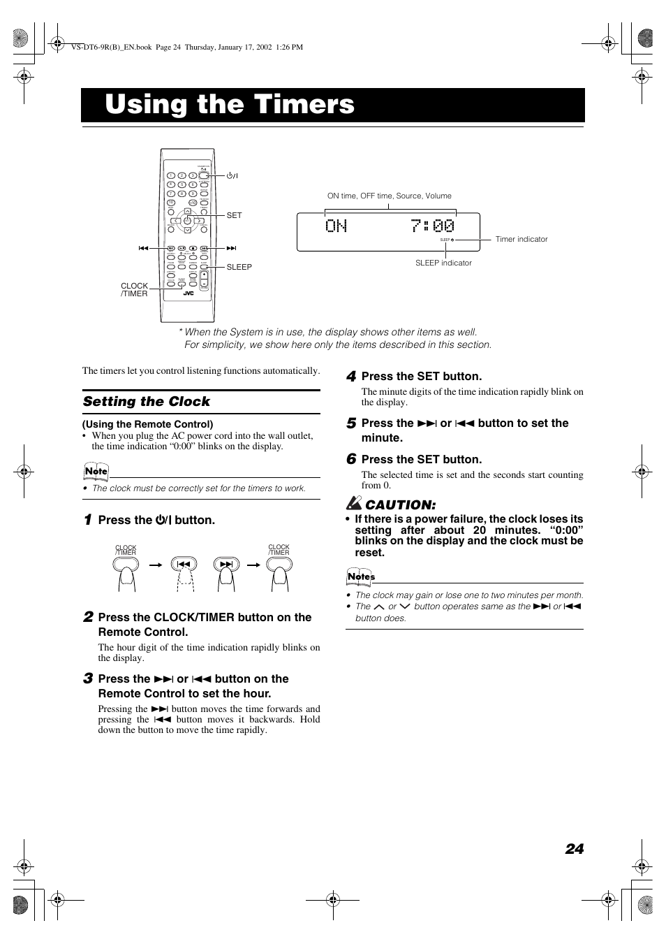 Using the timers, Setting the clock, Caution | Press the % % % % button, Press the clock/timer button on the remote control, Press the set button, Press the ¢ or 4 button to set the minute | JVC CA-VSDT9R User Manual | Page 27 / 32