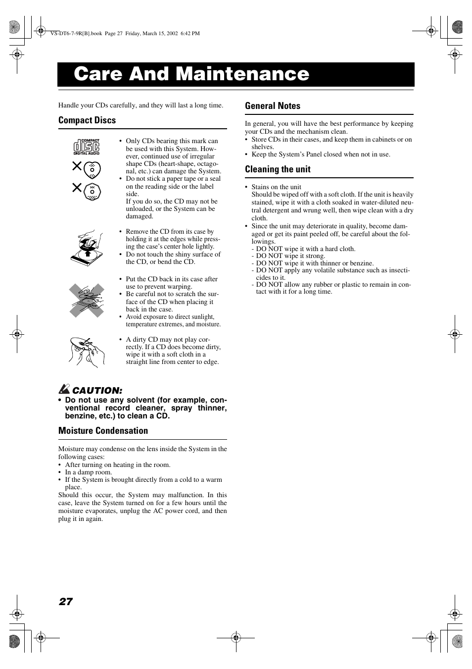 Care and maintenance, Compact discs, Moisture condensation | Cleaning the unit | JVC CA-VSDT9R User Manual | Page 30 / 32