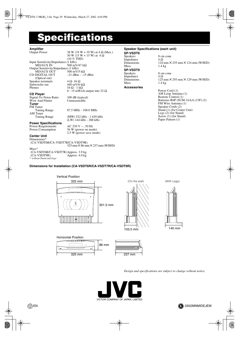 Specifications | JVC CA-VSDT9R User Manual | Page 32 / 32