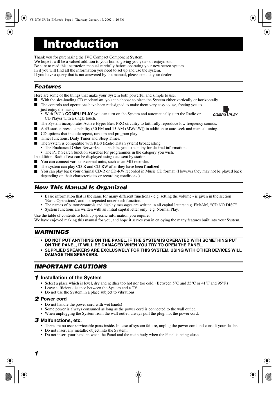 Introduction | JVC CA-VSDT9R User Manual | Page 4 / 32