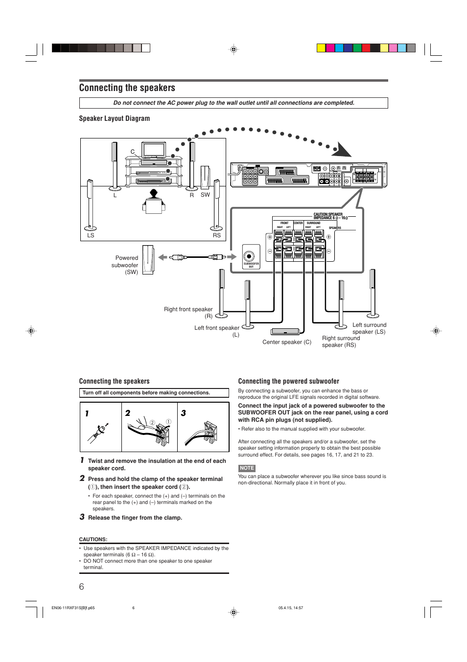 Connecting the speakers, Speaker layout diagram, Connecting the powered subwoofer | JVC LVT1306-007A User Manual | Page 10 / 55