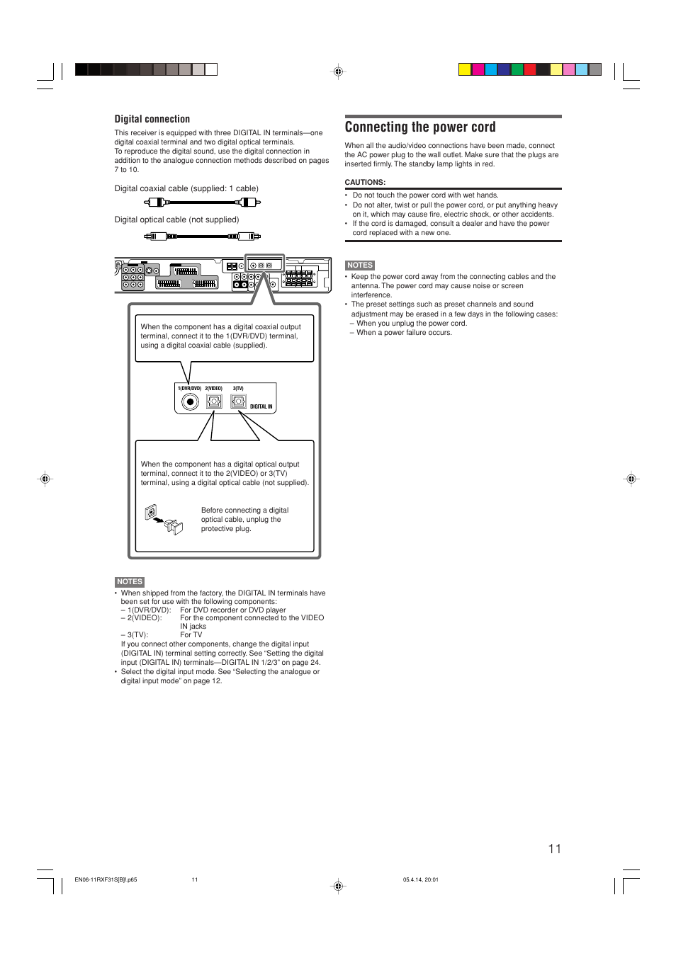 Connecting the power cord, Digital connection | JVC LVT1306-007A User Manual | Page 15 / 55