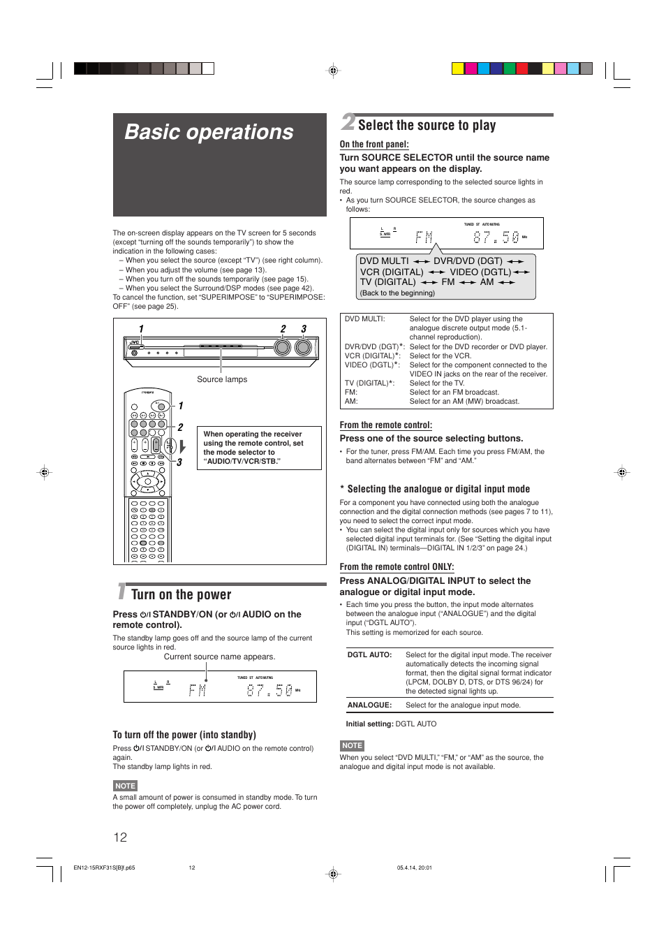 Basic operations, Select the source to play, Turn on the power | Selecting the analogue or digital input mode | JVC LVT1306-007A User Manual | Page 16 / 55