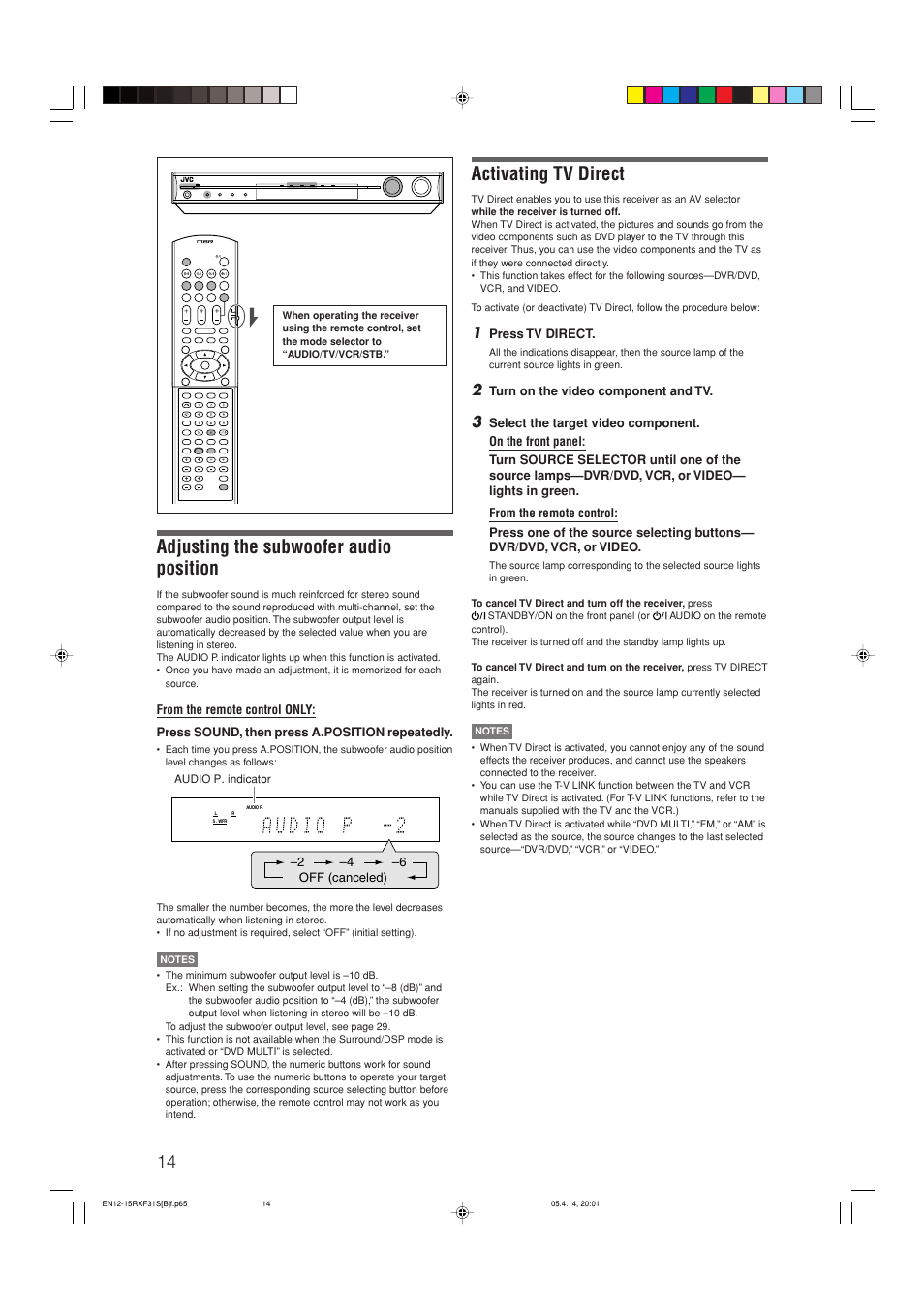 Adjusting the subwoofer audio position, Activating tv direct | JVC LVT1306-007A User Manual | Page 18 / 55