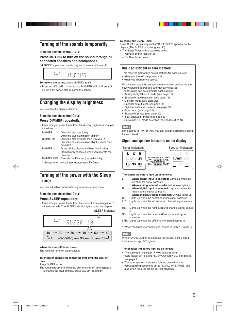 Turning off the sounds temporarily, Changing the display brightness, Turning off the power with the sleep timer | Signal and speaker indicators on the display | JVC LVT1306-007A User Manual | Page 19 / 55