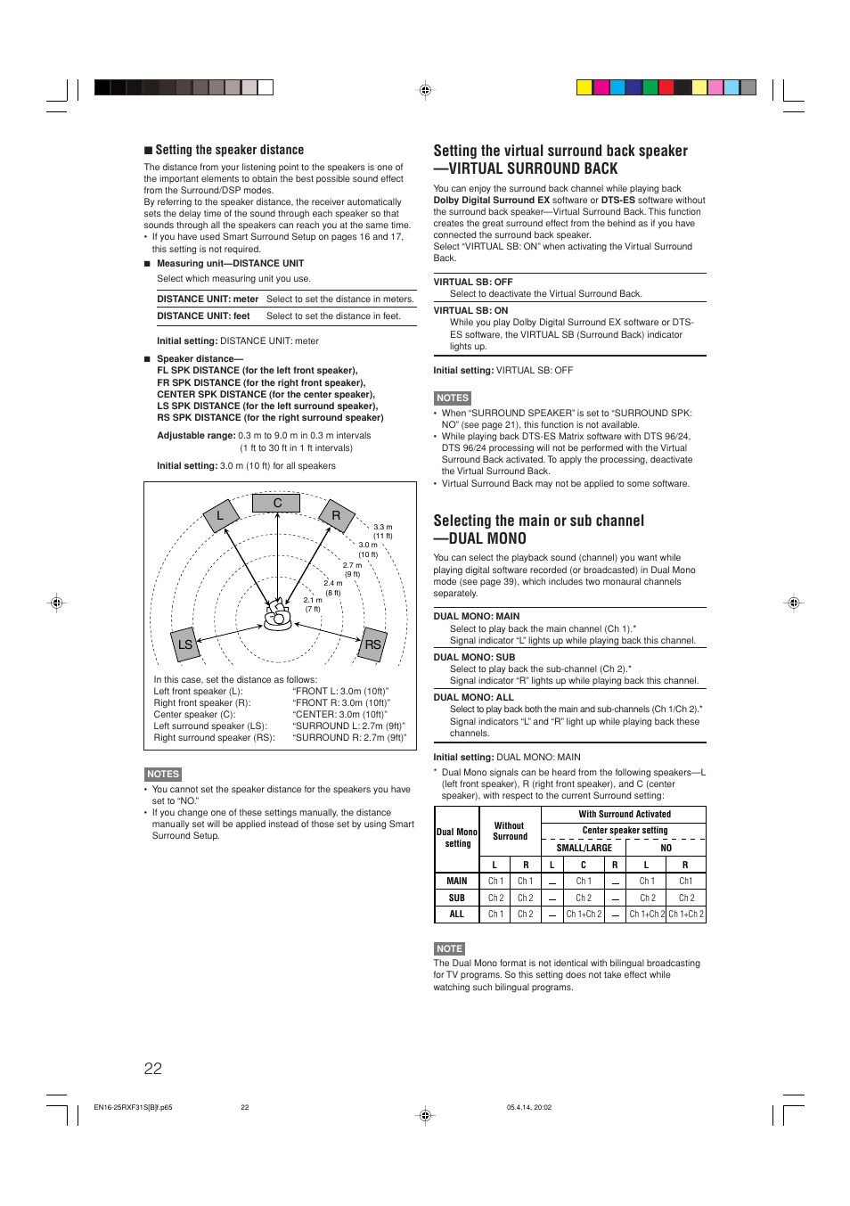 Selecting the main or sub channel —dual mono, 7 setting the speaker distance | JVC LVT1306-007A User Manual | Page 26 / 55