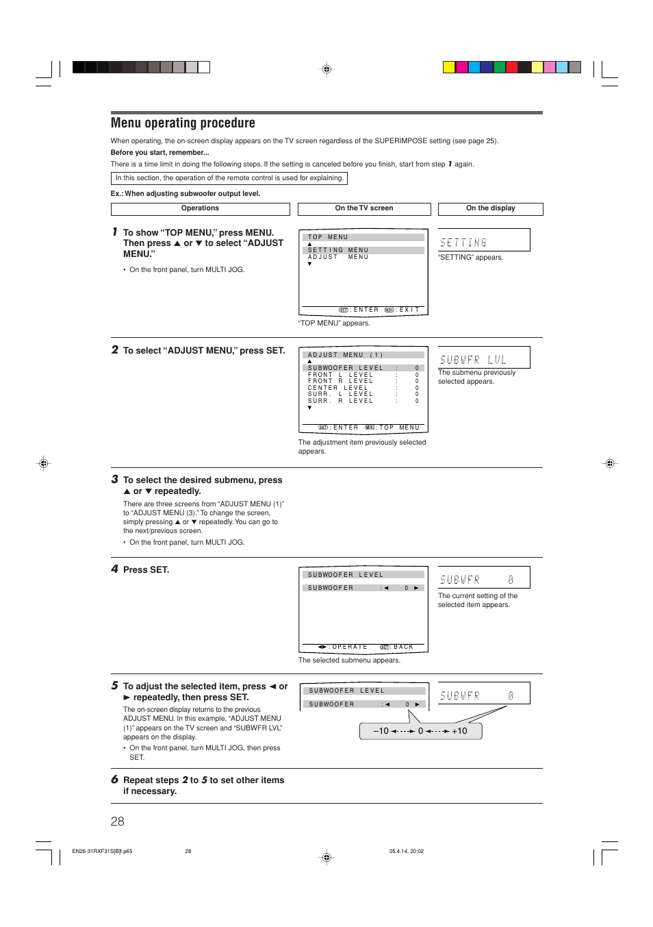 Menu operating procedure, Press set | JVC LVT1306-007A User Manual | Page 32 / 55