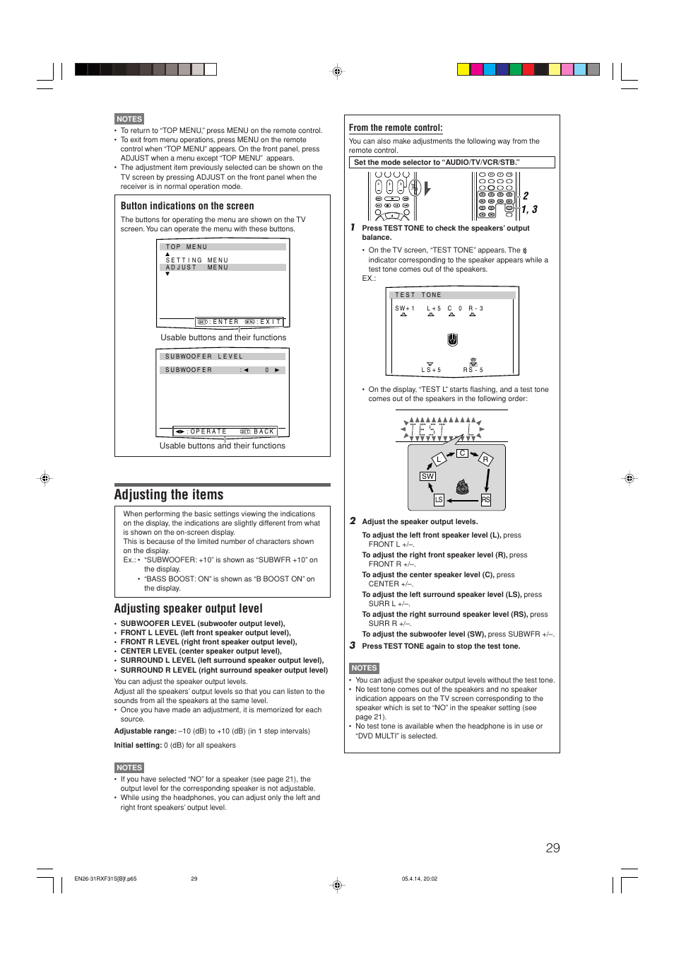 Adjusting the items, Adjusting speaker output level, Button indications on the screen | JVC LVT1306-007A User Manual | Page 33 / 55