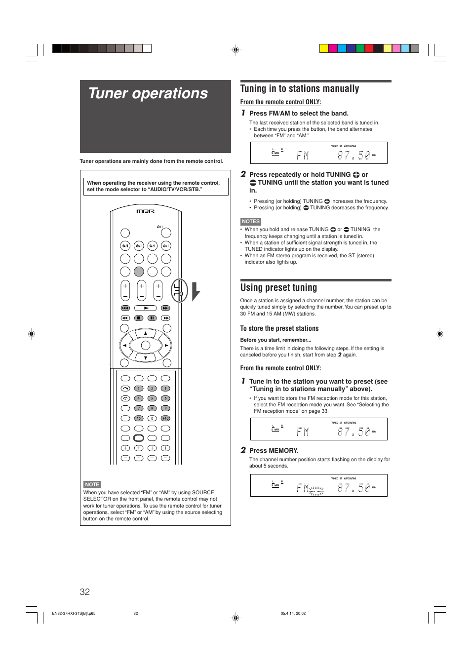 Tuner operations, Tuning in to stations manually, Using preset tuning | Press fm/am to select the band | JVC LVT1306-007A User Manual | Page 36 / 55