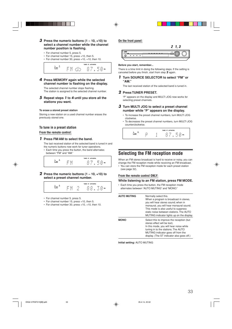 Selecting the fm reception mode, Press fm/am to select the band, On the front panel | Turn source selector to select “fm” or “am, Press tuner preset | JVC LVT1306-007A User Manual | Page 37 / 55