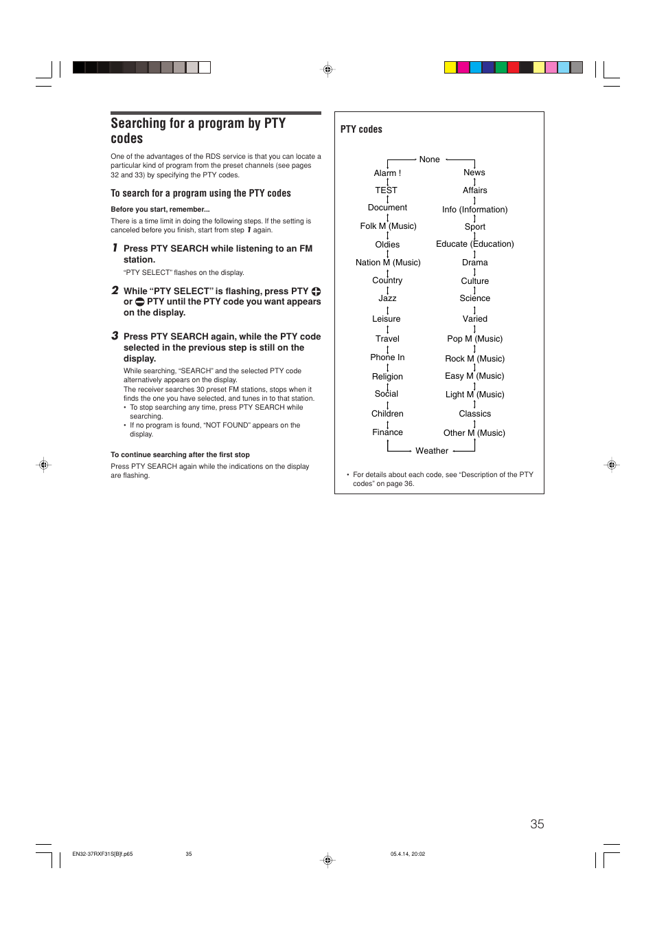 Searching for a program by pty codes | JVC LVT1306-007A User Manual | Page 39 / 55