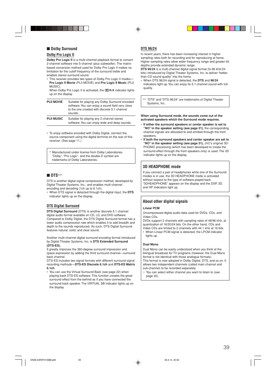 Dolby surround, 3d headphone mode, About other digital signals | JVC LVT1306-007A User Manual | Page 43 / 55