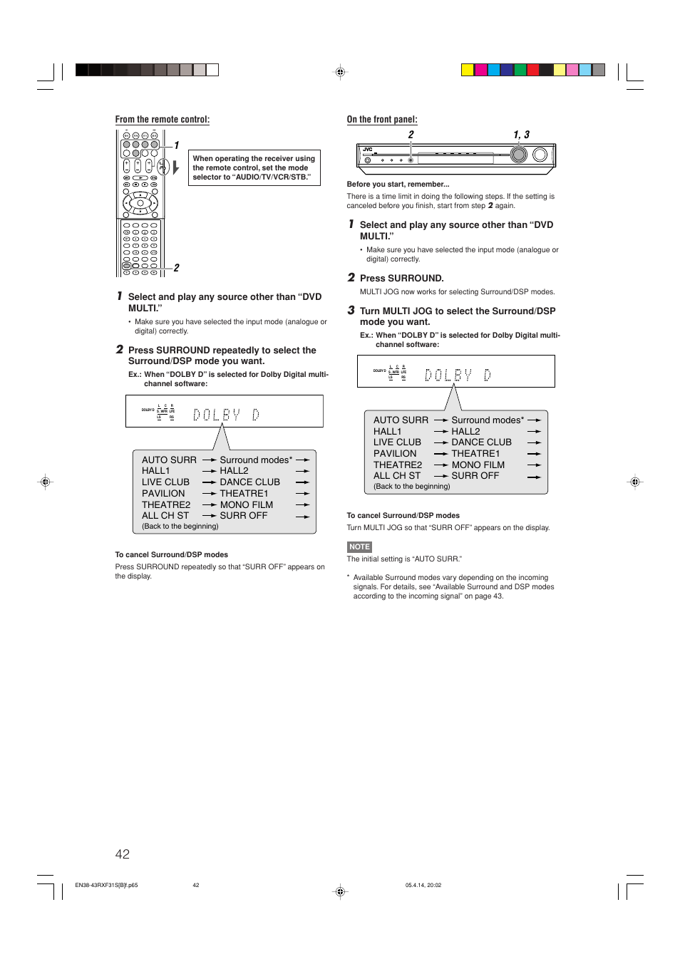 Select and play any source other than “dvd multi, On the front panel, Press surround | Hall1 hall2 theatre1 theatre2 | JVC LVT1306-007A User Manual | Page 46 / 55