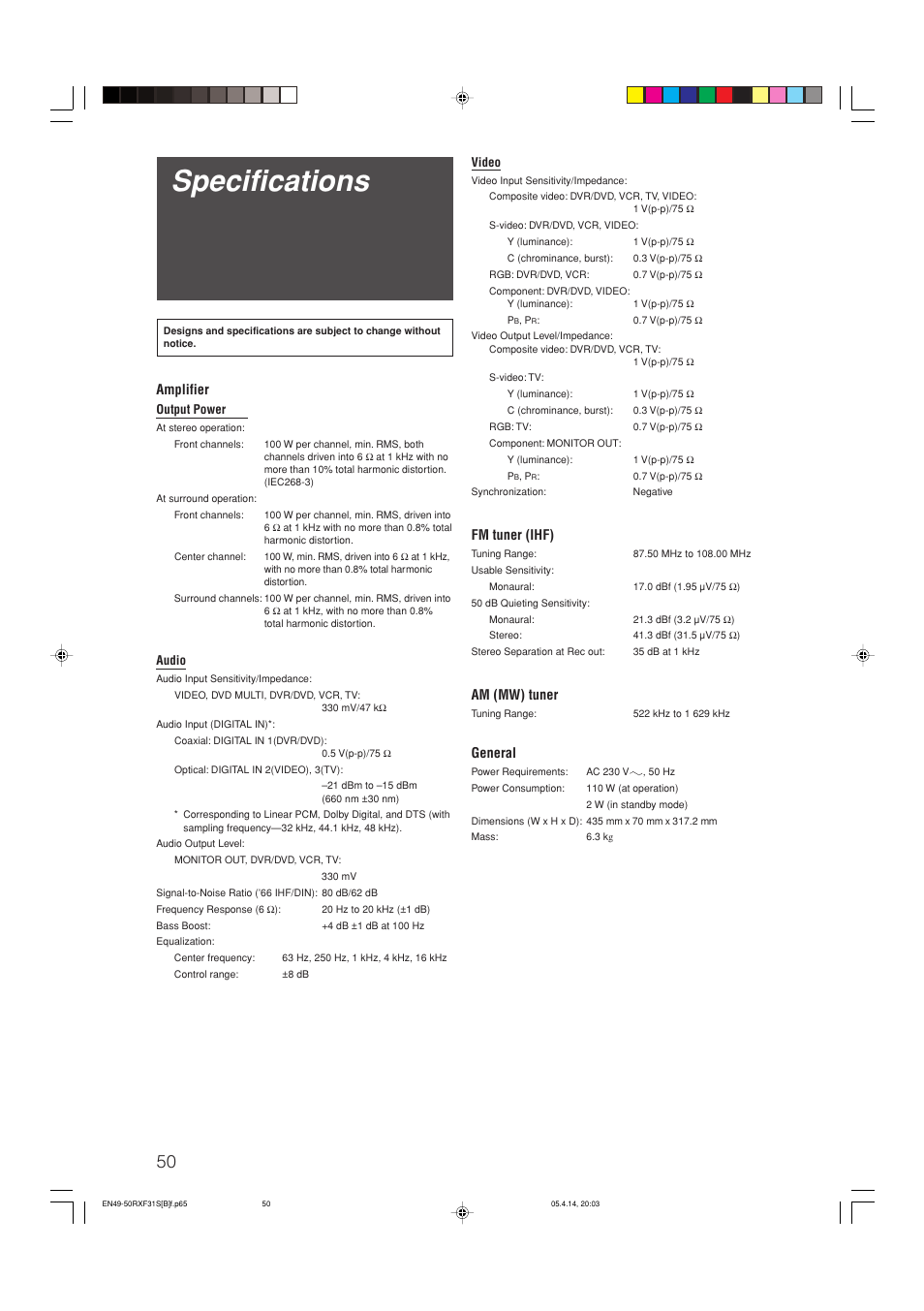 Specifications, Amplifier, Fm tuner (ihf) | Am (mw) tuner, General | JVC LVT1306-007A User Manual | Page 54 / 55