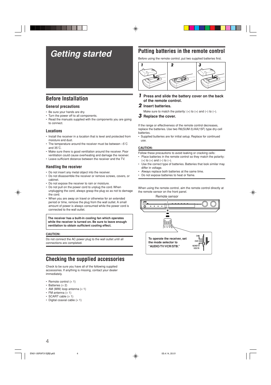 Getting started, Putting batteries in the remote control, Before installation | Checking the supplied accessories | JVC LVT1306-007A User Manual | Page 8 / 55