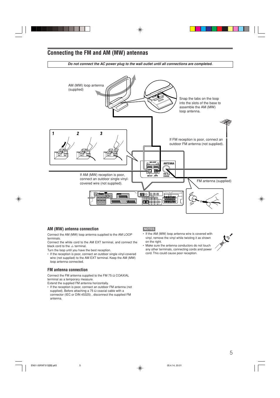 Connecting the fm and am (mw) antennas, Am (mw) antenna connection, Fm antenna connection | JVC LVT1306-007A User Manual | Page 9 / 55