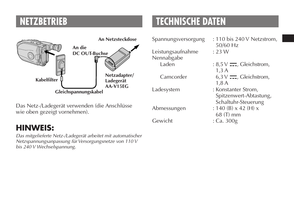 Netzbetrieb, Technische daten, Hinweis | JVC AA V15EG User Manual | Page 13 / 64