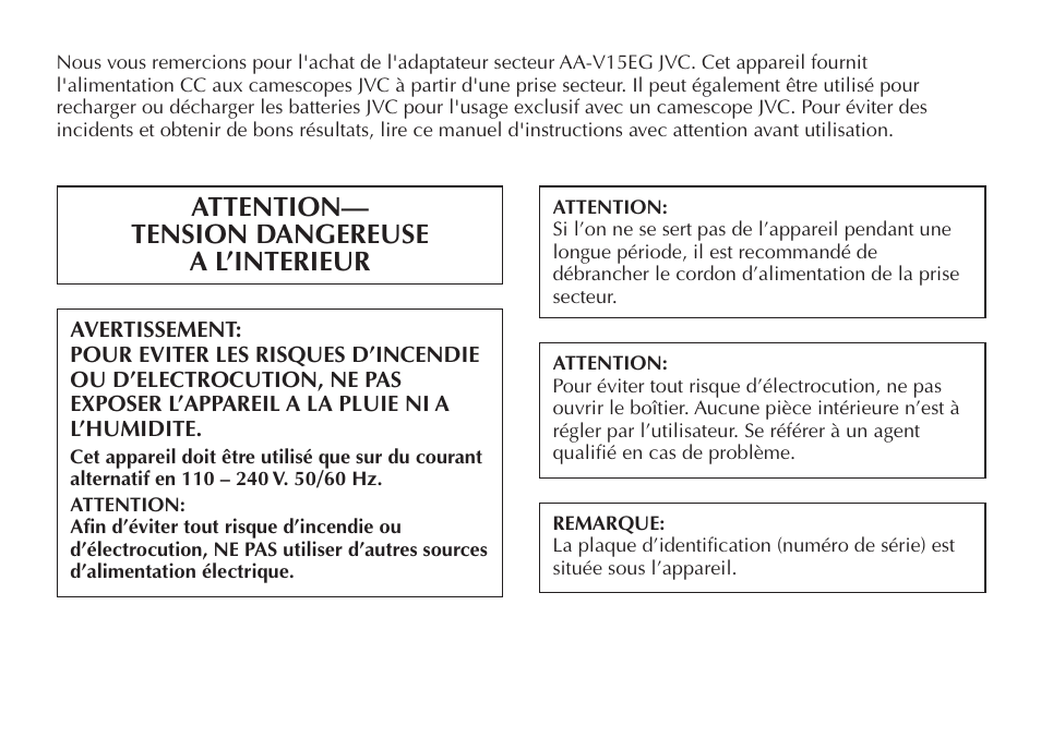 Attention— tension dangereuse a l’interieur | JVC AA V15EG User Manual | Page 14 / 64