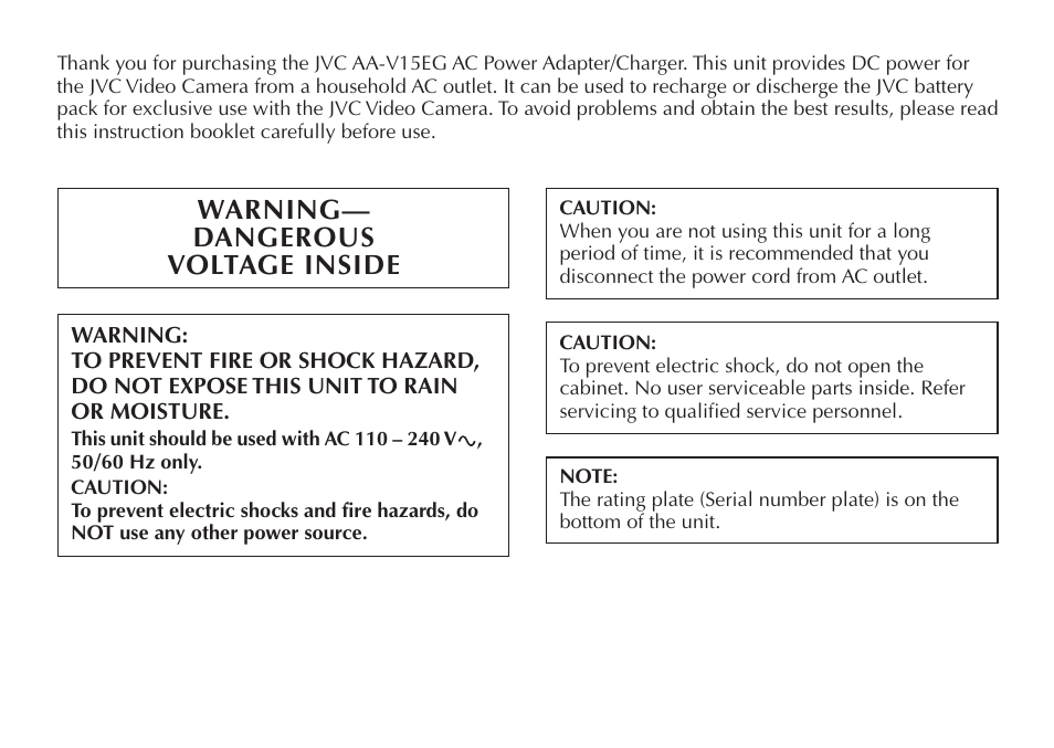 Warning— dangerous voltage inside | JVC AA V15EG User Manual | Page 2 / 64