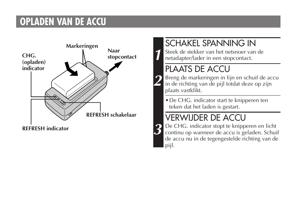 Opladen van de accu | JVC AA V15EG User Manual | Page 22 / 64