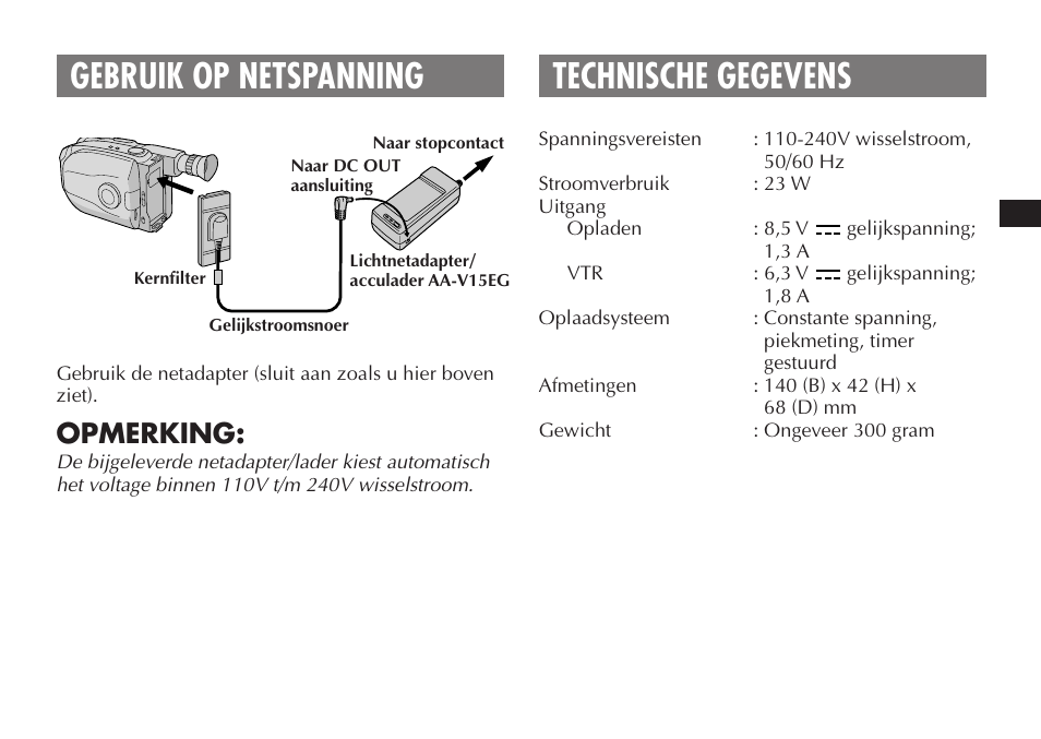 Gebruik op netspanning technische gegevens, Opmerking | JVC AA V15EG User Manual | Page 25 / 64