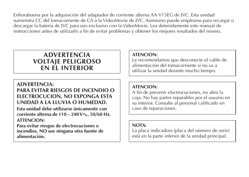 Advertencia voltaje peligroso en el interior | JVC AA V15EG User Manual | Page 26 / 64