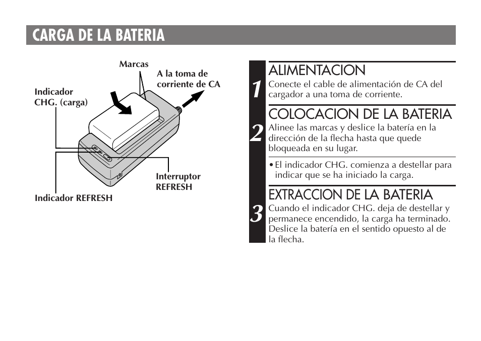 Carga de la bateria | JVC AA V15EG User Manual | Page 28 / 64