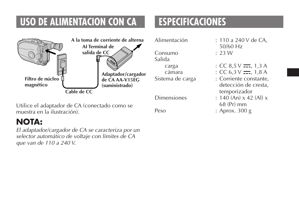 Uso de alimentacion con ca especificaciones, Nota | JVC AA V15EG User Manual | Page 31 / 64