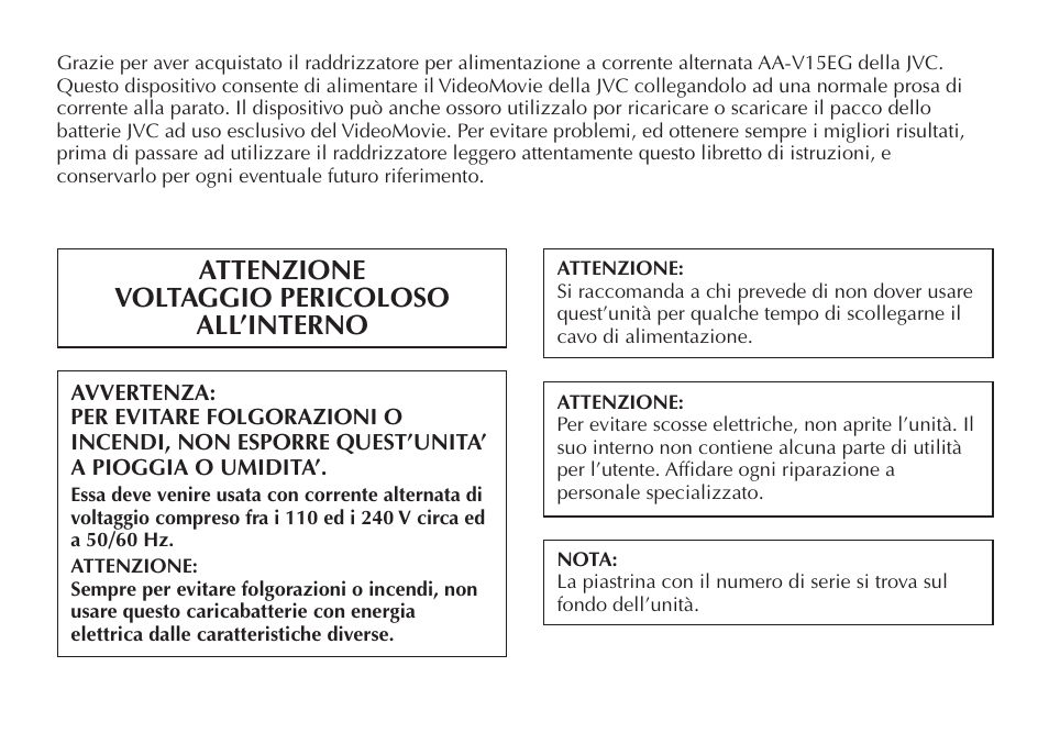 Attenzione voltaggio pericoloso all’interno | JVC AA V15EG User Manual | Page 32 / 64