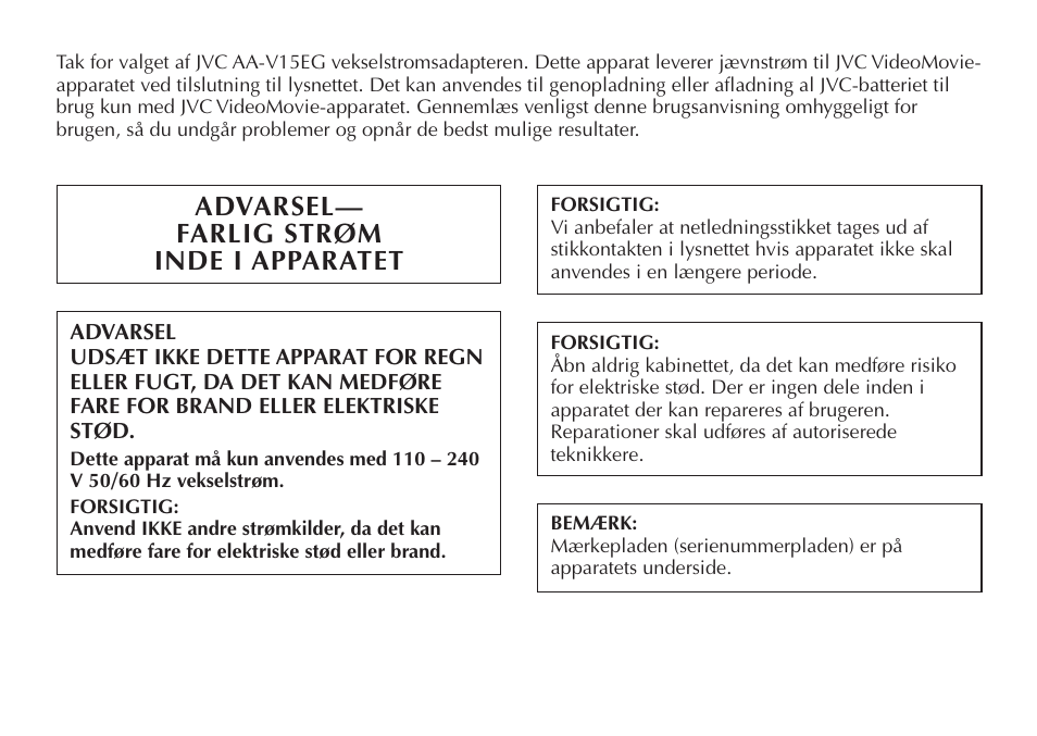 Advarsel— farlig strøm inde i apparatet | JVC AA V15EG User Manual | Page 38 / 64