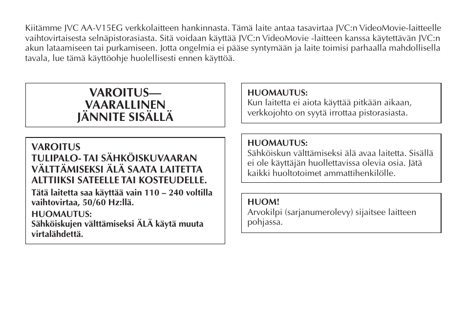 Varoitus— vaarallinen jännite sisällä | JVC AA V15EG User Manual | Page 44 / 64