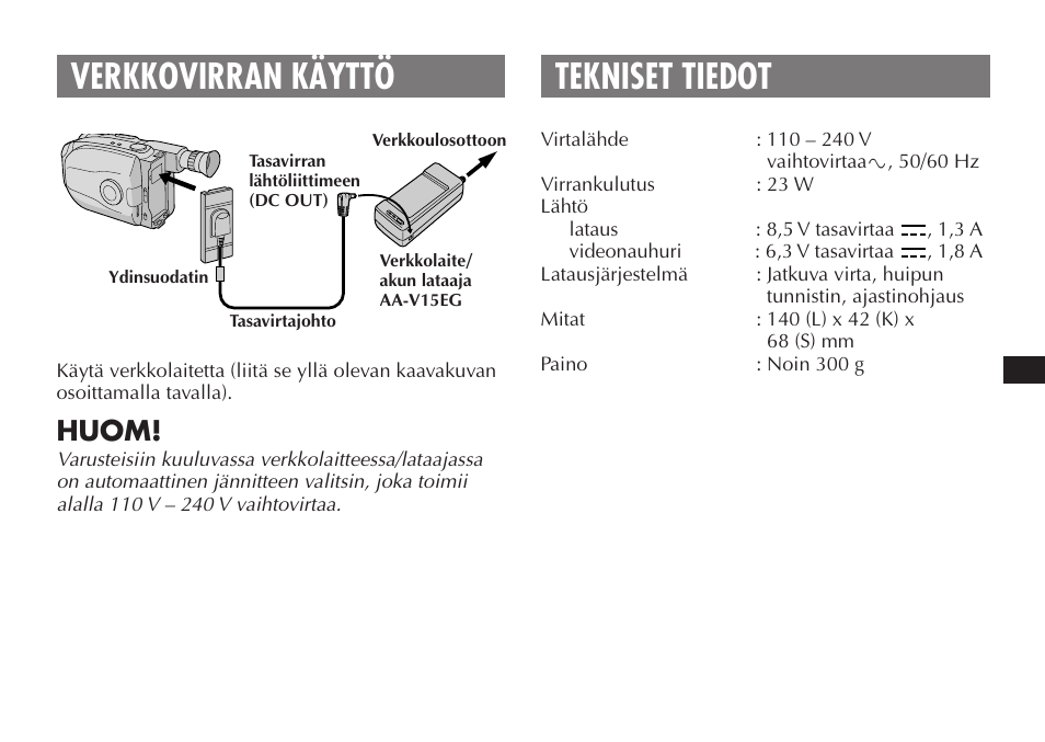 Verkkovirran käyttö tekniset tiedot, Huom | JVC AA V15EG User Manual | Page 49 / 64