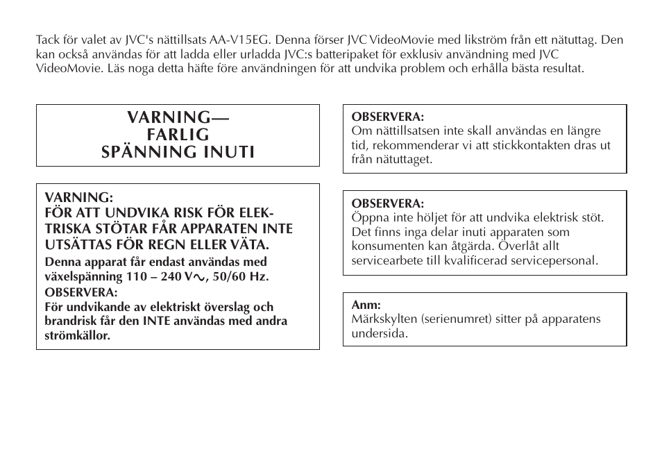 Varning— farlig spänning inuti | JVC AA V15EG User Manual | Page 50 / 64