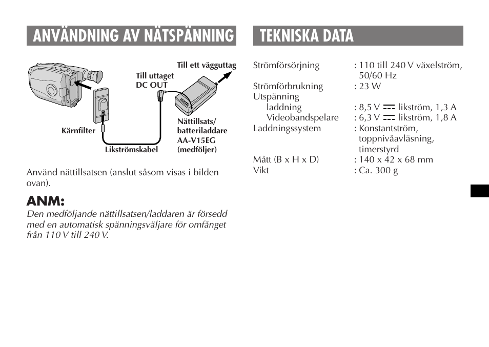 Användning av nätspänning tekniska data | JVC AA V15EG User Manual | Page 55 / 64