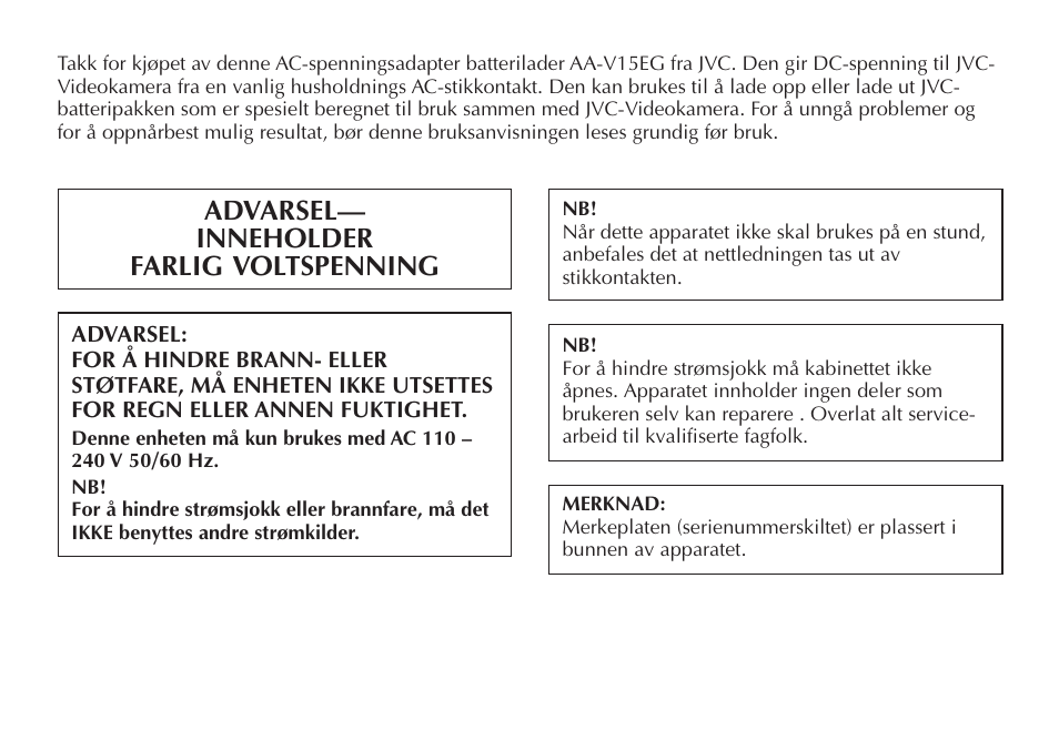 Advarsel— inneholder farlig voltspenning | JVC AA V15EG User Manual | Page 56 / 64
