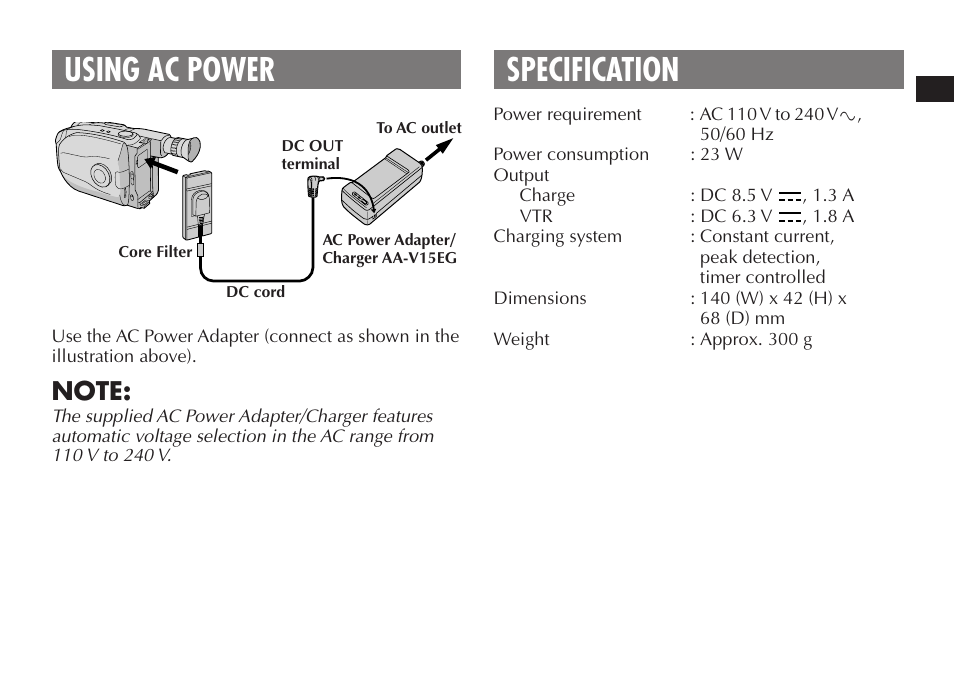 Specification, Using ac power | JVC AA V15EG User Manual | Page 7 / 64
