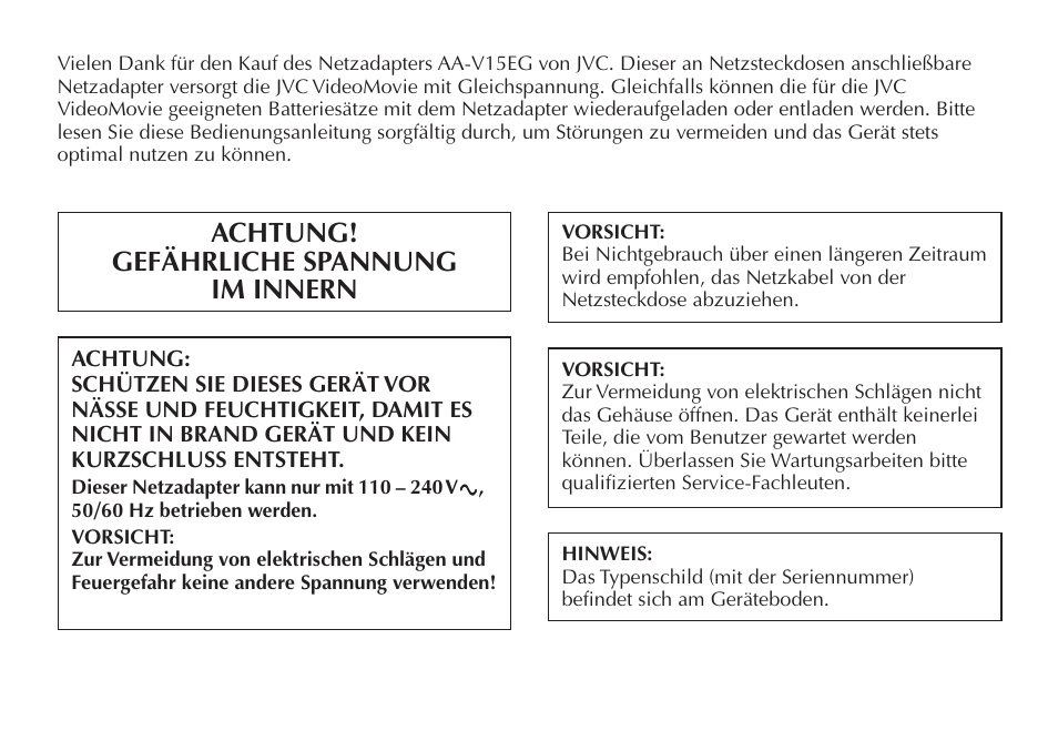 Achtung! gefährliche spannung im innern | JVC AA V15EG User Manual | Page 8 / 64