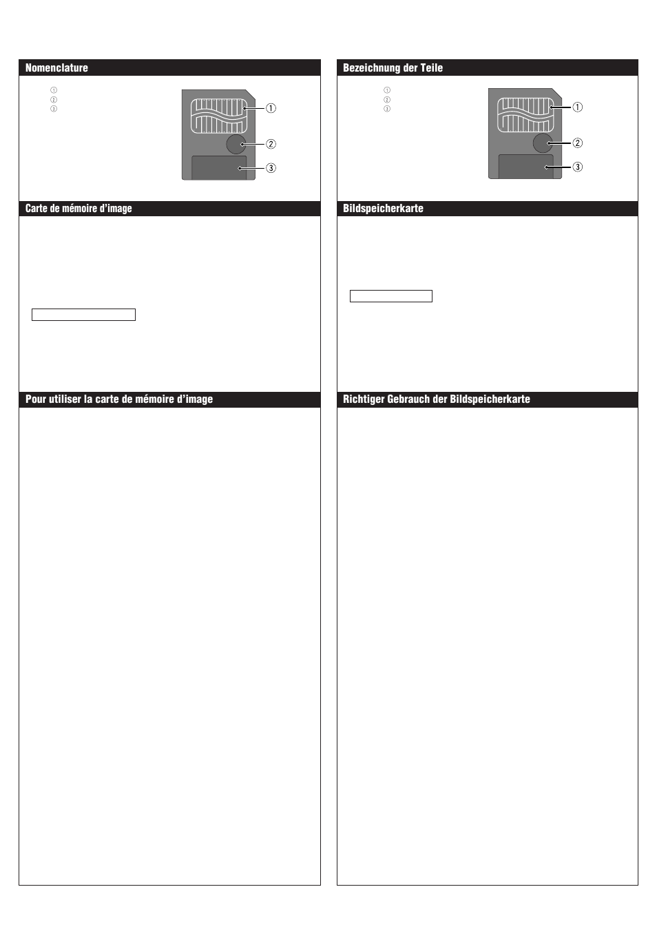 Nomenclature, Carte de mémoire d’image, Pour utiliser la carte de mémoire d’image | Bezeichnung der teile, Bildspeicherkarte, Richtiger gebrauch der bildspeicherkarte | JVC SMARTMEDIA VU-V108 User Manual | Page 2 / 2