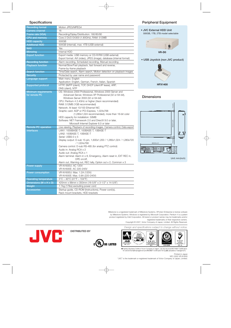 Dimensions, Peripheral equipment ● specifications | JVC Milestone VR-N1600 User Manual | Page 6 / 6