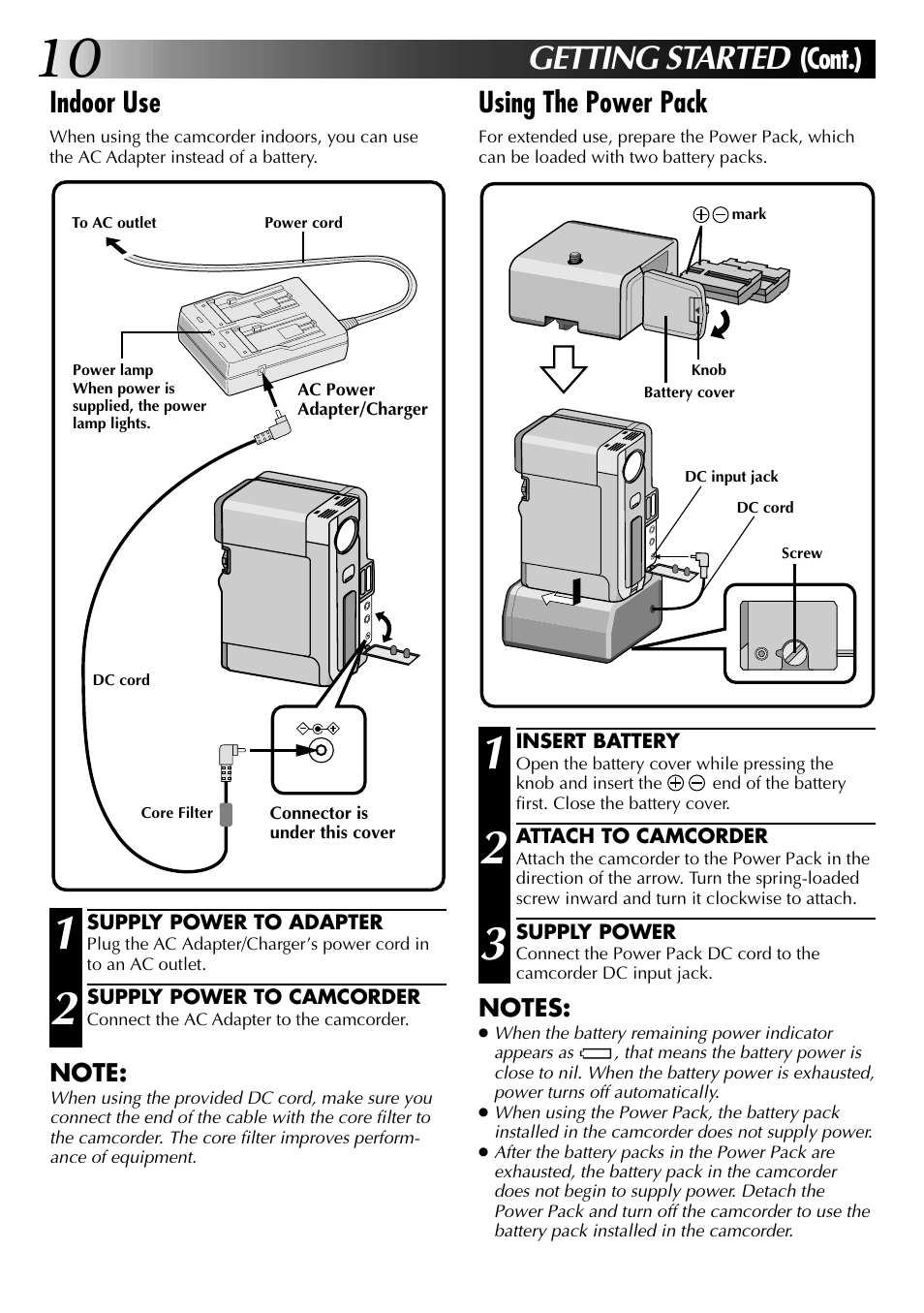 Getting started, Cont.), Indoor use | Using the power pack | JVC 0797TOV*UN*VP User Manual | Page 10 / 84