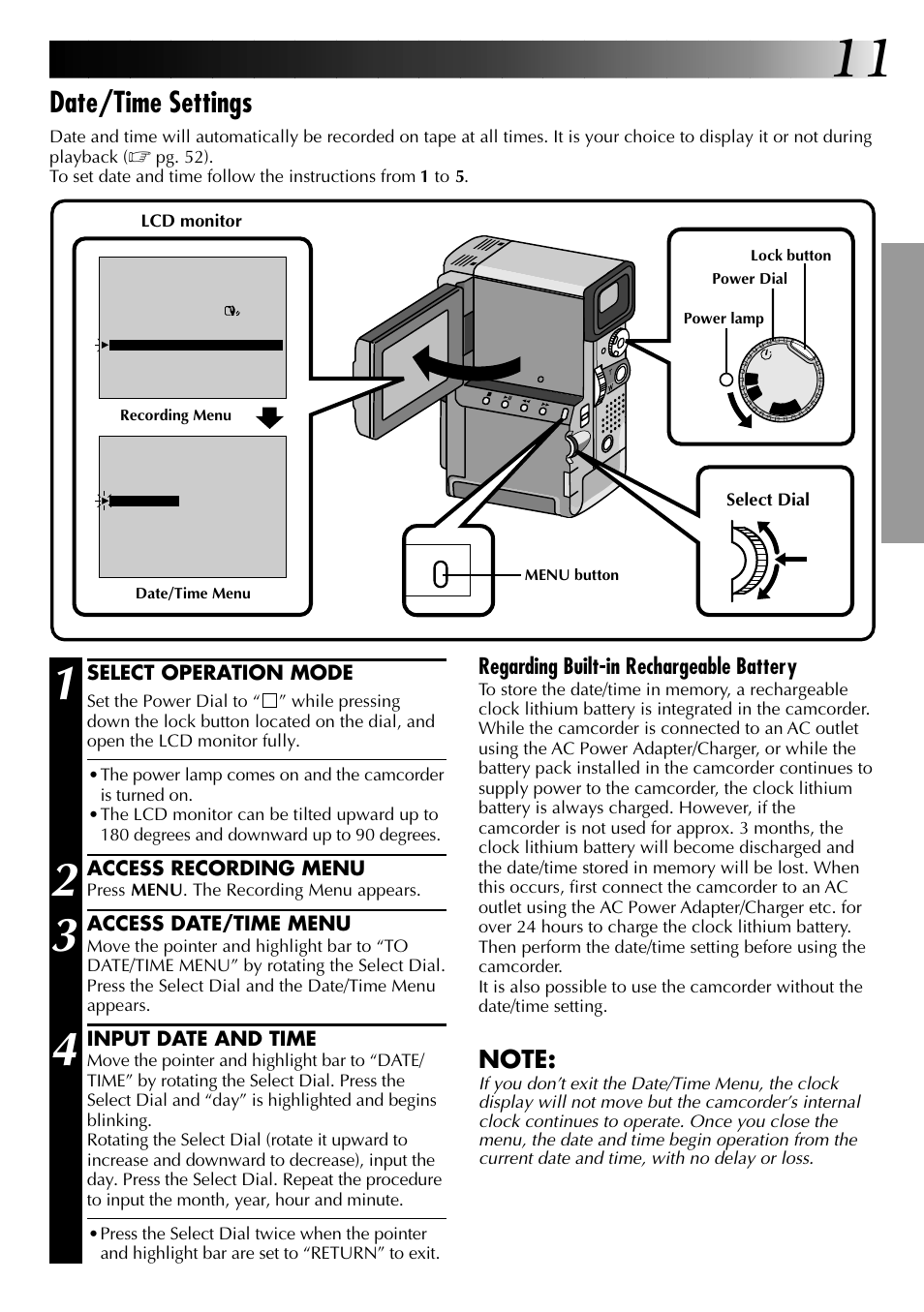 Date/time settings, Regarding built-in rechargeable battery | JVC 0797TOV*UN*VP User Manual | Page 11 / 84