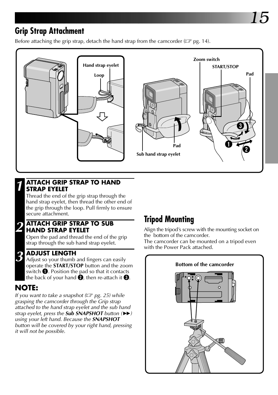 Grip strap attachment, Tripod mounting | JVC 0797TOV*UN*VP User Manual | Page 15 / 84