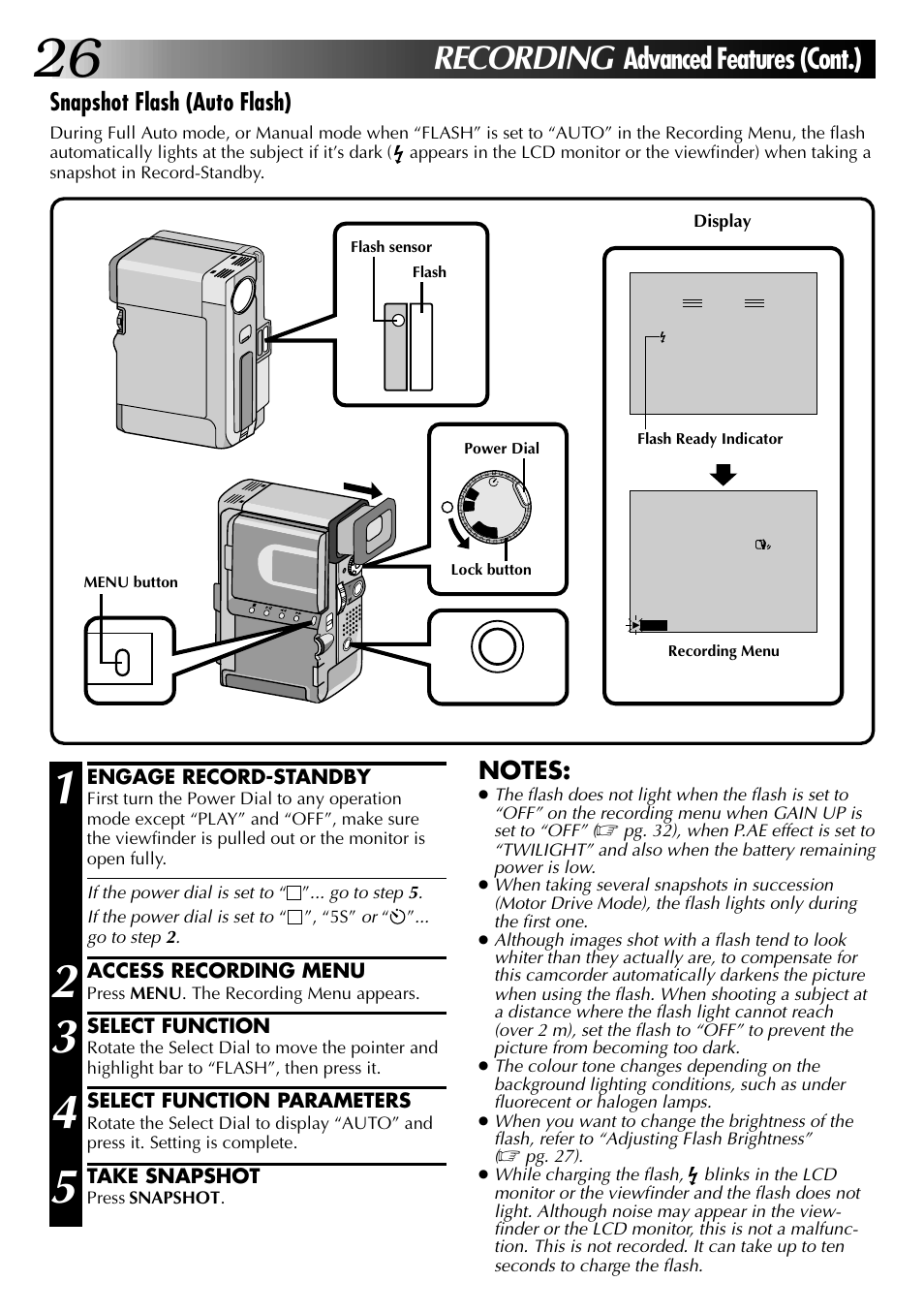 Recording, Advanced features (cont.), Snapshot flash (auto flash) | JVC 0797TOV*UN*VP User Manual | Page 26 / 84
