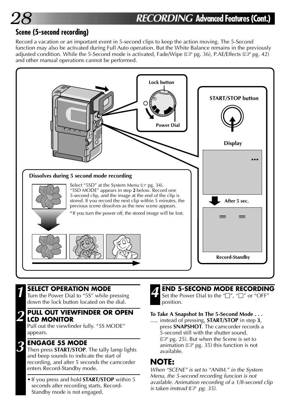 Recording, Advanced features (cont.), Scene (5-second recording) | JVC 0797TOV*UN*VP User Manual | Page 28 / 84