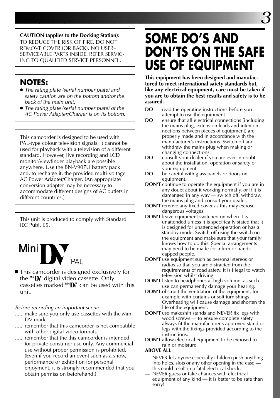 Some do’s and don’ts on the safe use of equipment | JVC 0797TOV*UN*VP User Manual | Page 3 / 84