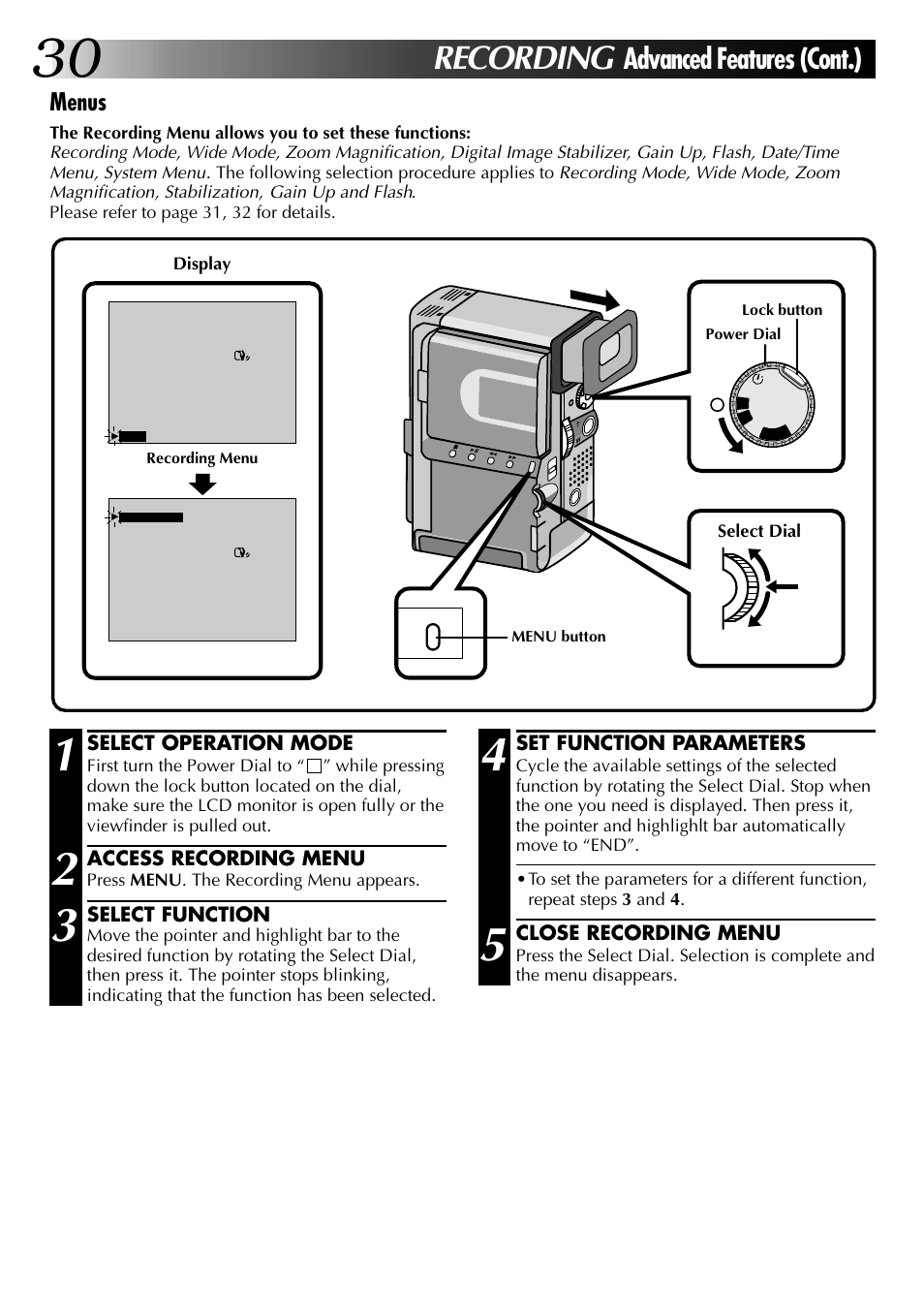 Recording, Advanced features (cont.), Menus | JVC 0797TOV*UN*VP User Manual | Page 30 / 84