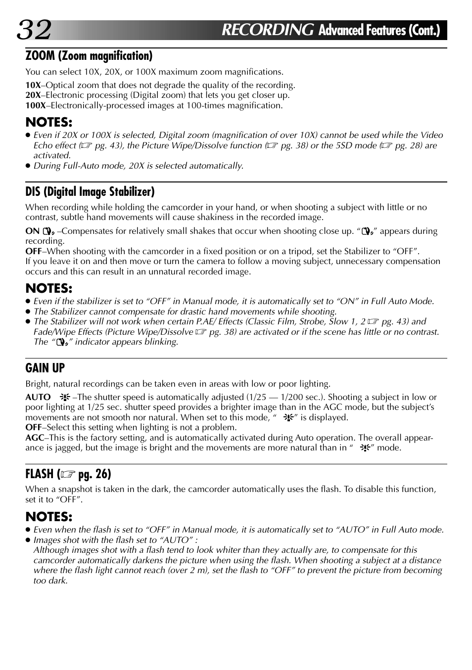 Recording, Advanced features (cont.), Zoom (zoom magnification) | Dis (digital image stabilizer), Gain up, Flash, Pg. 26) | JVC 0797TOV*UN*VP User Manual | Page 32 / 84