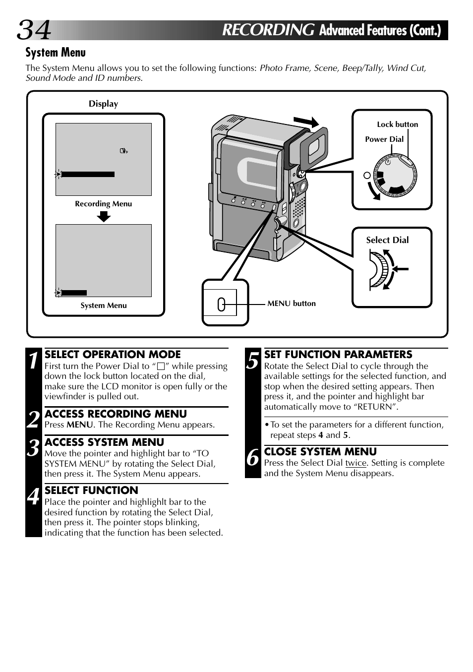 Recording, Advanced features (cont.), System menu | JVC 0797TOV*UN*VP User Manual | Page 34 / 84